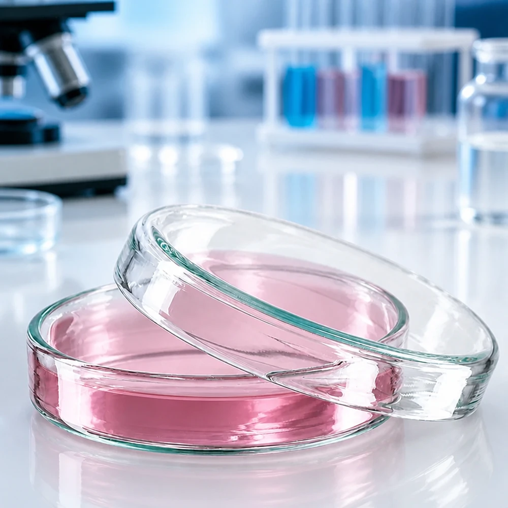 60 mm petriskål av klart laboratorieglas för odling av mikroorganismer och cellkulturer. Höjd 15 mm Två petriskålar av glas, 60 x 15 mm, med rosa cellodlingsmedium, staplade på varandra i en laboratoriemiljö
