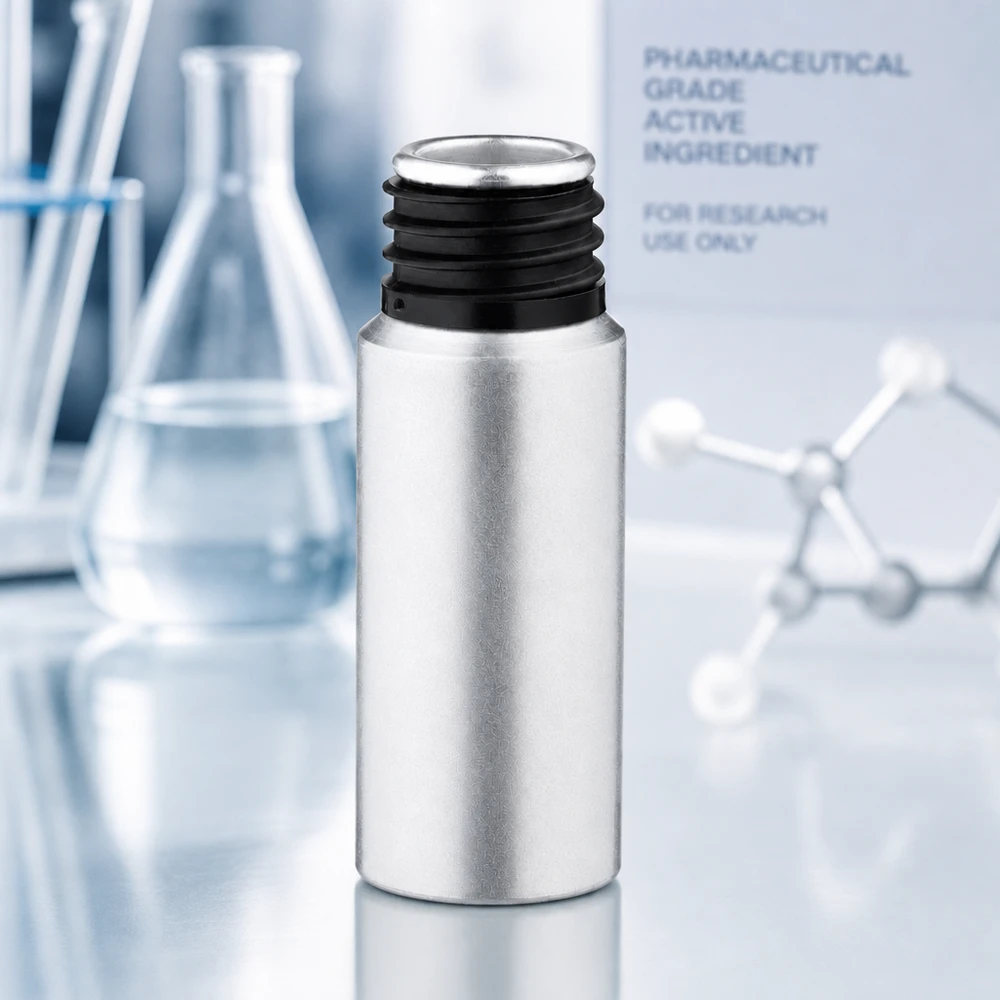 20ml flaska i betad aluminium Cylindrisk 20 ml flaska i betad aluminium med matt ytstruktur för farmaceutiska applikationer