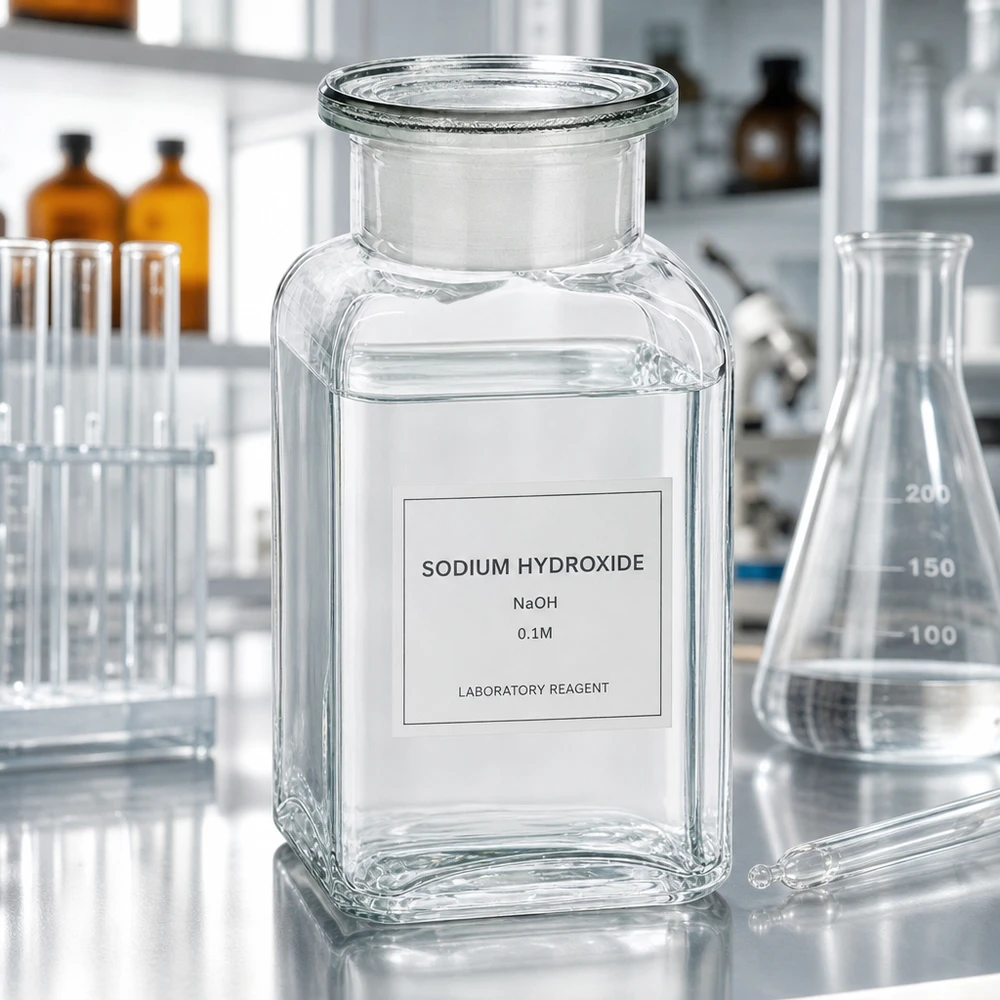 Fyrkantig flaska 100 ml klar bredhalsad glaspropp Laboratorieflaska, fyrkantig, 100 ml, klar, med natriumhydroxid (NaOH)-lösning och glaspropp, vid hals