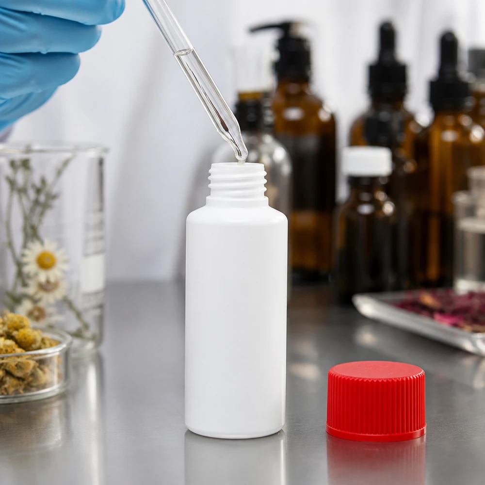 Vit HDPE-plastflaska på 30 ml med rött lock för apotek och laboratorier