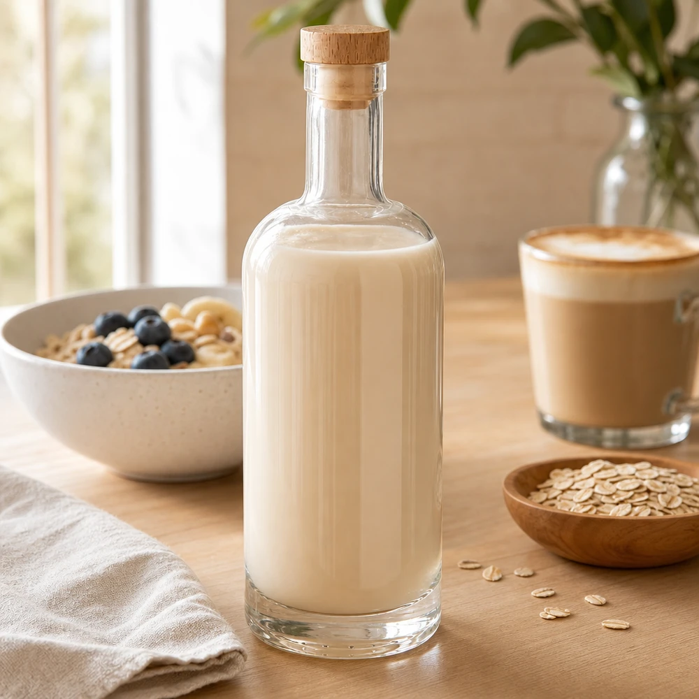 750 ml glasflaska Emma med kork med trähandtag UNiTWIST® 750 ml glasflaska Emma med träkork fylld med havremjölk bredvid flingskål och kaffekopp på träbord