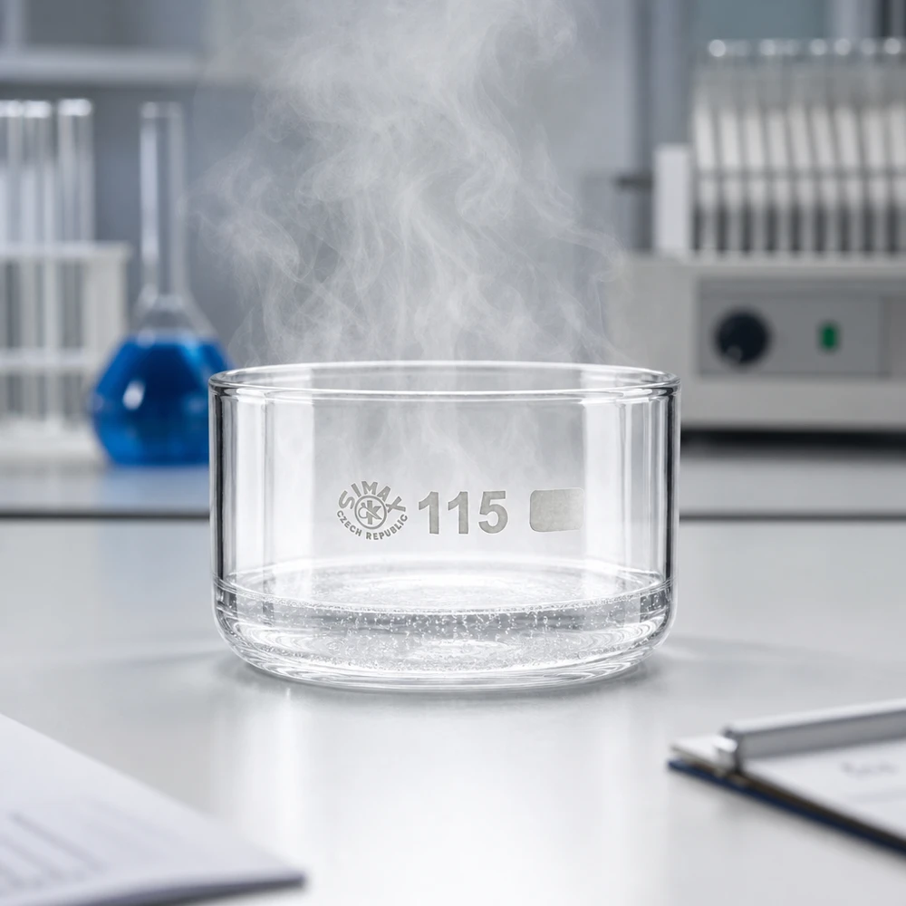 SIMAX-kristalliseringsskål, 500 ml, ångande med hett vatten på en vit laboratorieyta