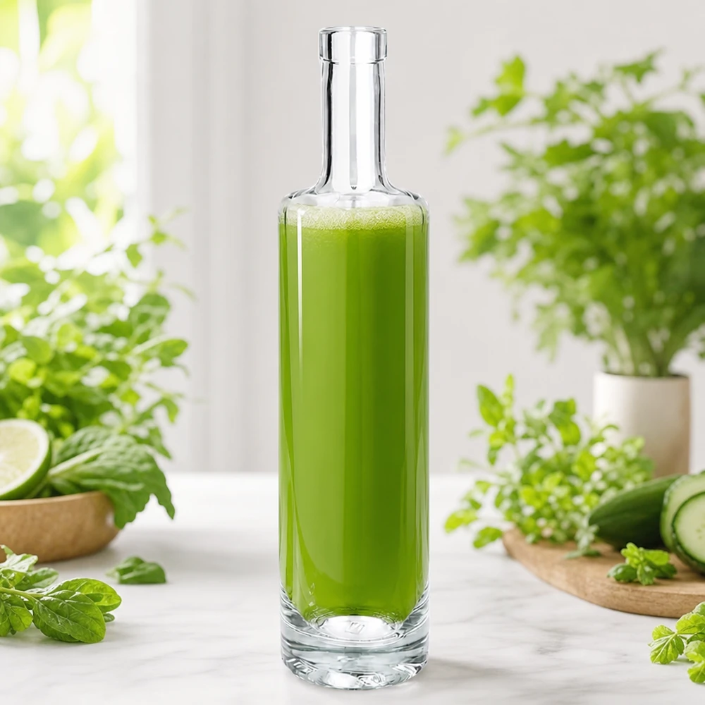 500 ml glasflaska Lina utan lock UNiTWIST® 500 ml glasflaska med Lina fylld med grön smoothie mellan färska örter och grönsaker i en naturlig köksscen