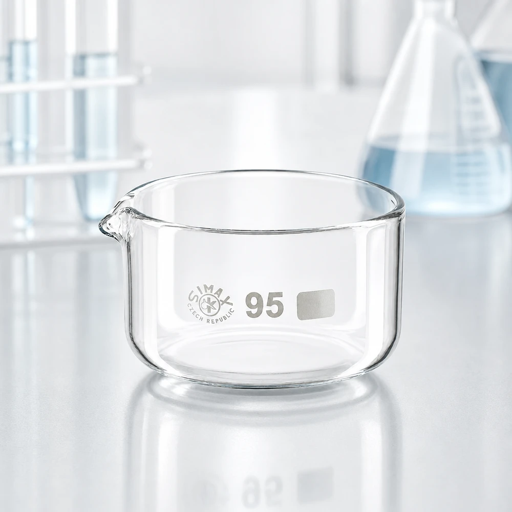 300ml kristalliseringsskål med pip borosilikat ø95mm Rundt laboratoriekärl, 300 ml, med utgjutning, tillverkat av klart borosilikatglas på vit SIMAX-laboratorieunderlag