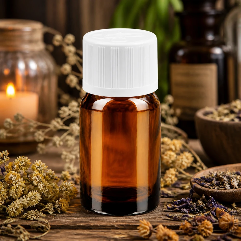 5 ml bärnstensfärgad glasflaska med barnsäkert lock för säker förvaring av aromaterapioljor