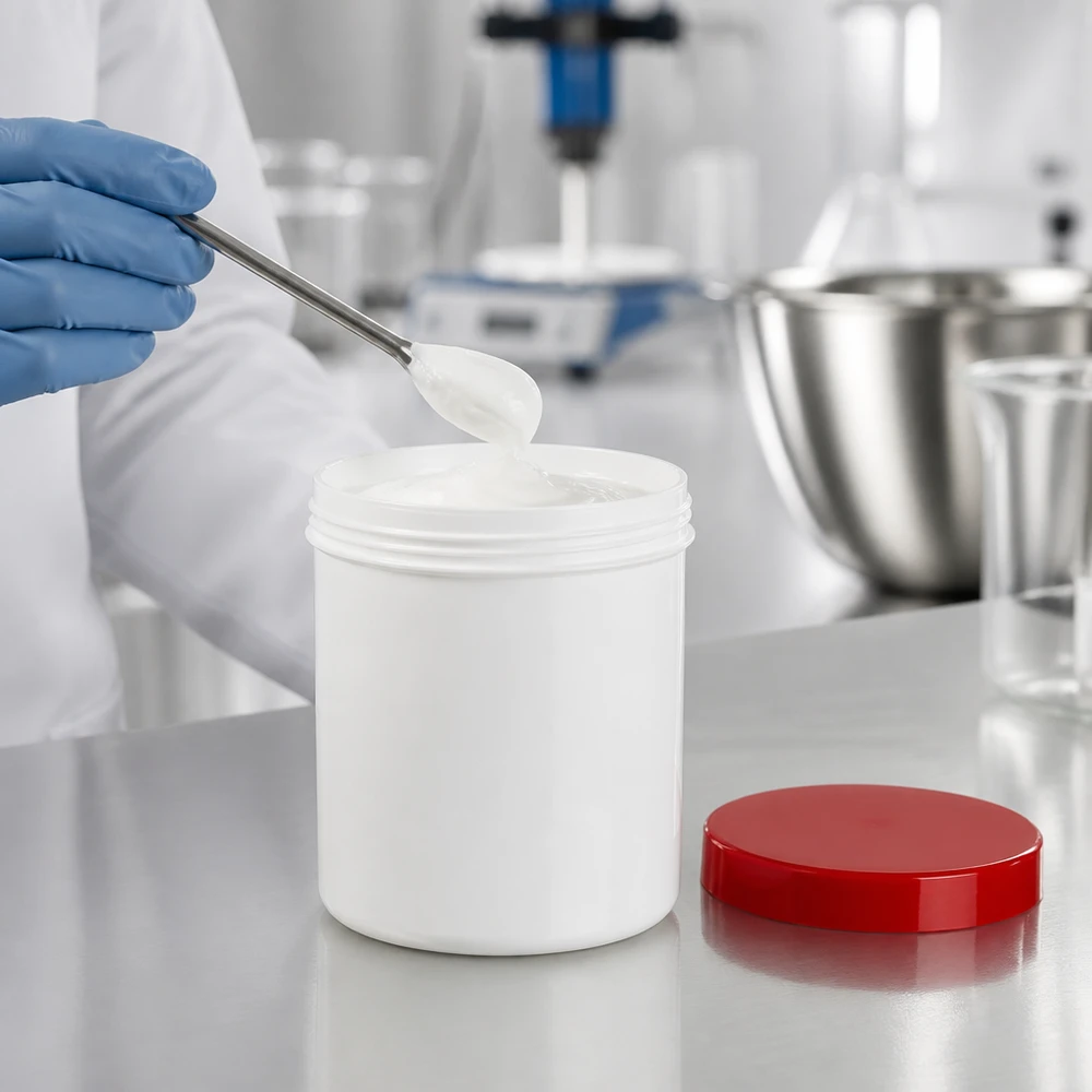 Salvburk 1000g vit med rött skruvlock (polypropylen) Vit 1000 g salvburk med rött lock, fylld i laboratoriet och försedd med spatel