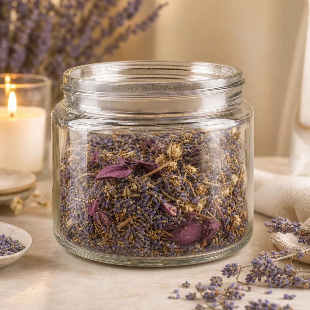 Glasburk 250ml fylld med lavendel och torkade örter rustik dekorativ förvaring för teer och kryddor