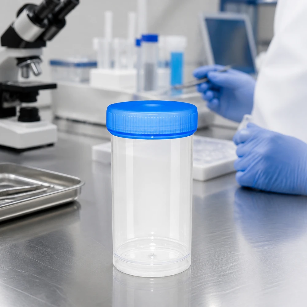 Tomt sterilt provrör på 100 ml av genomskinlig plast med blå skruvlock i laboratoriet