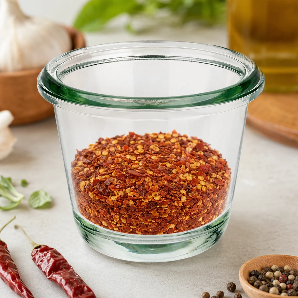 WECK gourmetburk RR60 80ml fylld med röda chiliflakes mellan torkade chilifrukter och pepparkorn