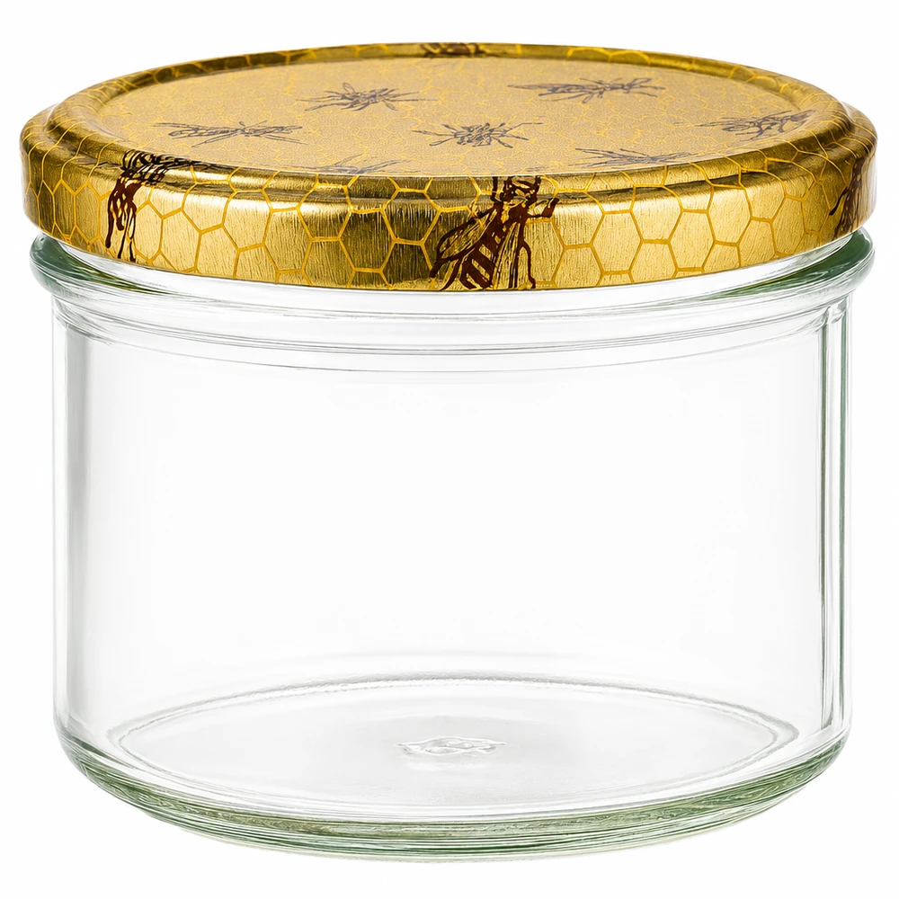 250 g honungsburk med lock med honungskakemönster BasicSeal UNiTWIST 250g Honigglas mit goldenem Bienenwabe-Deckel - leeres Einmachglas für Honig, Marmelade und Vorräte