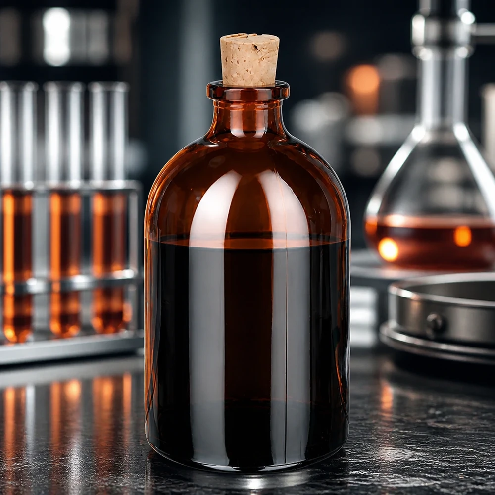Bärnstensfärgad glasflaska 100ml med kork 11/14mm Klassische Rundflasche 100ml aus bernsteinfarbenem Laborglas mit Naturkorkverschluss 11/14mm