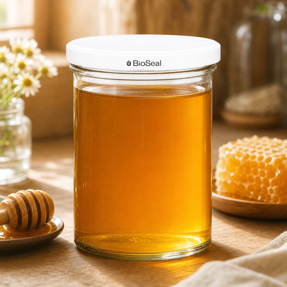 435 ml Krossade glasögon med vitt BioSeal-lock UNiTWIST UNiTWIST-glas 435 ml fyllda med honung bredvid honungskaka och honungssked visar naturlig matförvaring