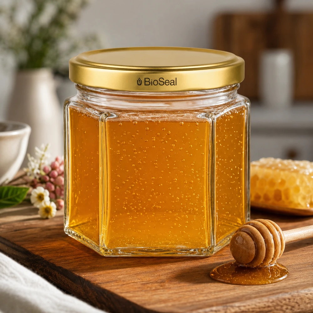 47 ml hexaburk med UNiTWIST BioSeal-lock i guld UNiTWIST Hexa47 honungsburk med gyllene TO43 BioSeal-lock på träbräda med honungssked i naturkök