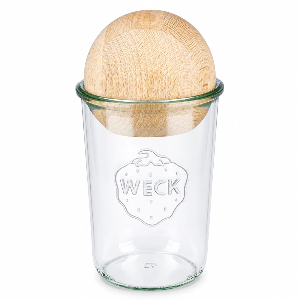 850ml Krossade glasögon WECK RR100 med träkula bok WECK RR100 dricksglas 850 ml med kullock i bokträ, transparent konserveringsburk med trälock