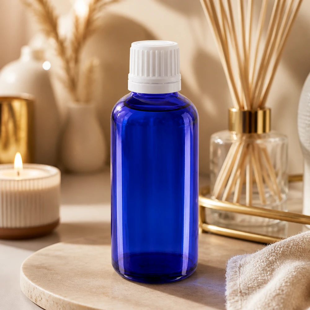 50 ml apotekarflaska i blått glas med vit doseringskork för kosmetika och aromaterapi