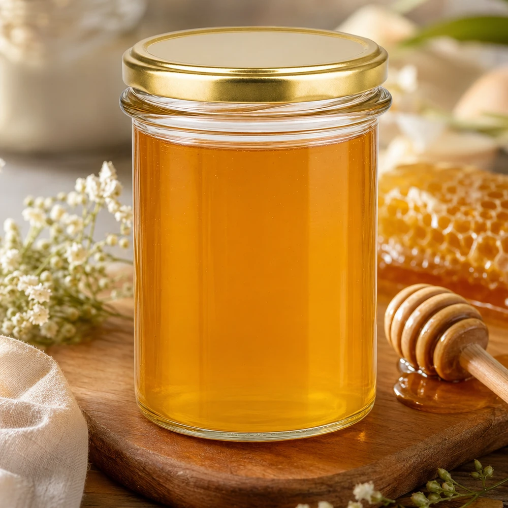 Glas 230 ml med lock BasicSeal guld UNiTWIST 230 ml glas fyllda med honung BasicSeal-lock guld UNiTWIST på träskiva med honungskaka och honungssked