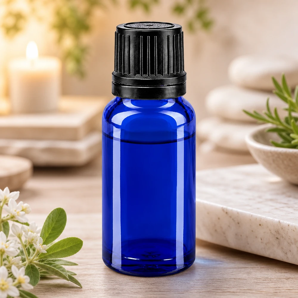 Apoteksflaska blå 10ml dropplock hällring 1mm svart manipuleringssäkert lock Mörkblå 10 ml droppflaska med svart originalförslutning, tillverkad av högkvalitativt apoteksglas