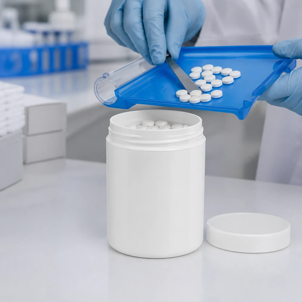 Fyllning av vita tabletter för farmaceutiskt bruk i 100 g PP-salvburk med skruvlock