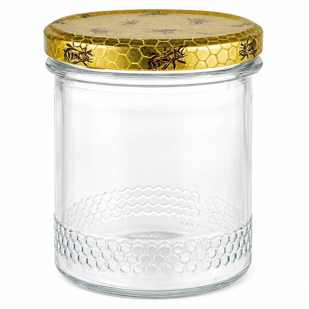 560 g honungsburk med honungskakemönstrat lock BasicSeal UNiTWIST 400 ml honungsburk med guldlock med bikakemönster, tom burk med bikakemönster för honung och biodling