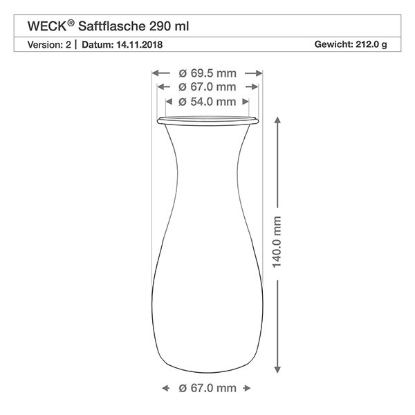 290 ml juiceflaska med friskhetslock WECK RR60 Teknisk ritning WECK 290ml juiceflaska med mått Diameter 69,5mm Höjd 140mm Vikt 212g RR60