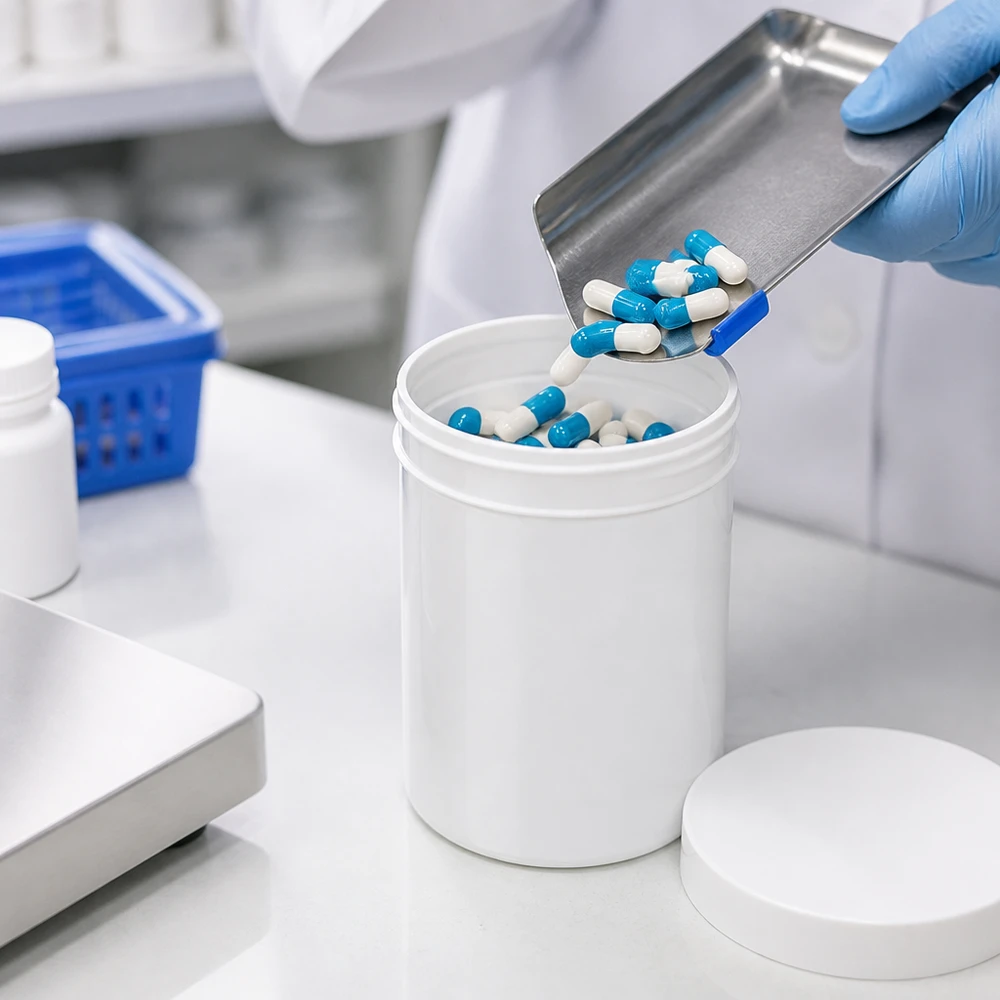 Farmaceutisk fyllning av kapslar i vita 800 g-salvburkar av PP med skruvlock