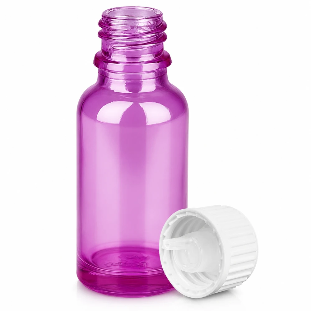 Lila 20 ml glasflaska med vitt dropplock för eteriska oljor och serum