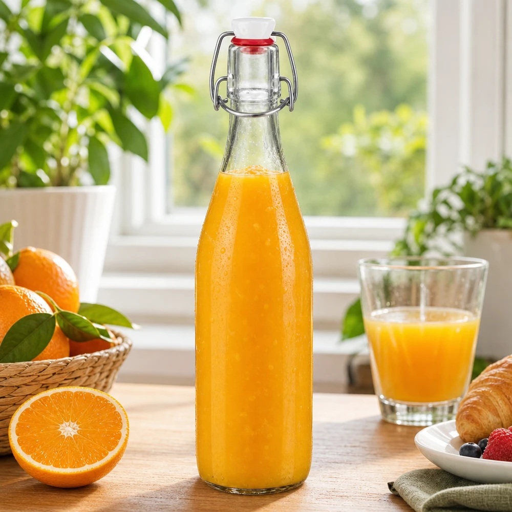 500ml glasflaska + svängbar topp PVC UNiTWIST 500ml Glasflasche Bügelverschluss befüllt mit frischem Orangensaft Frühstück gesunde Getränke Vintage Design