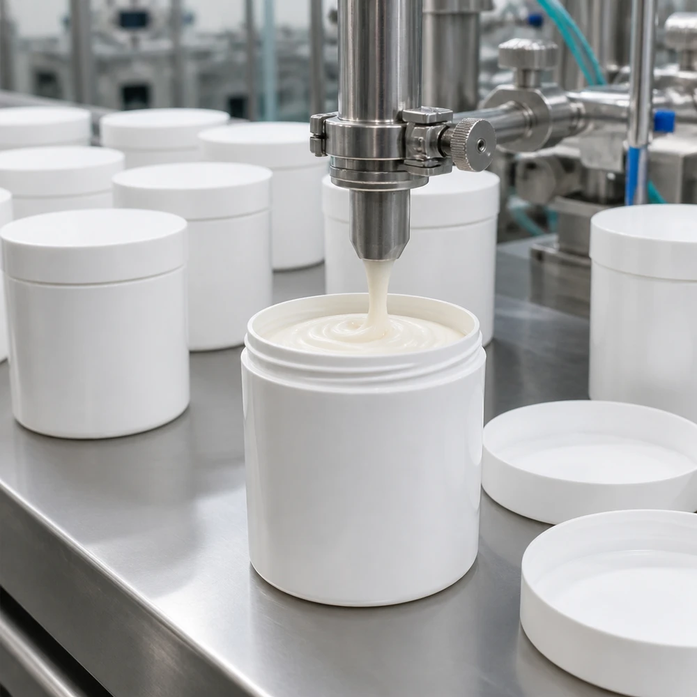 Automatisk påfyllning av en vit 150 g-salvburk av PP med krämig salva i produktionen