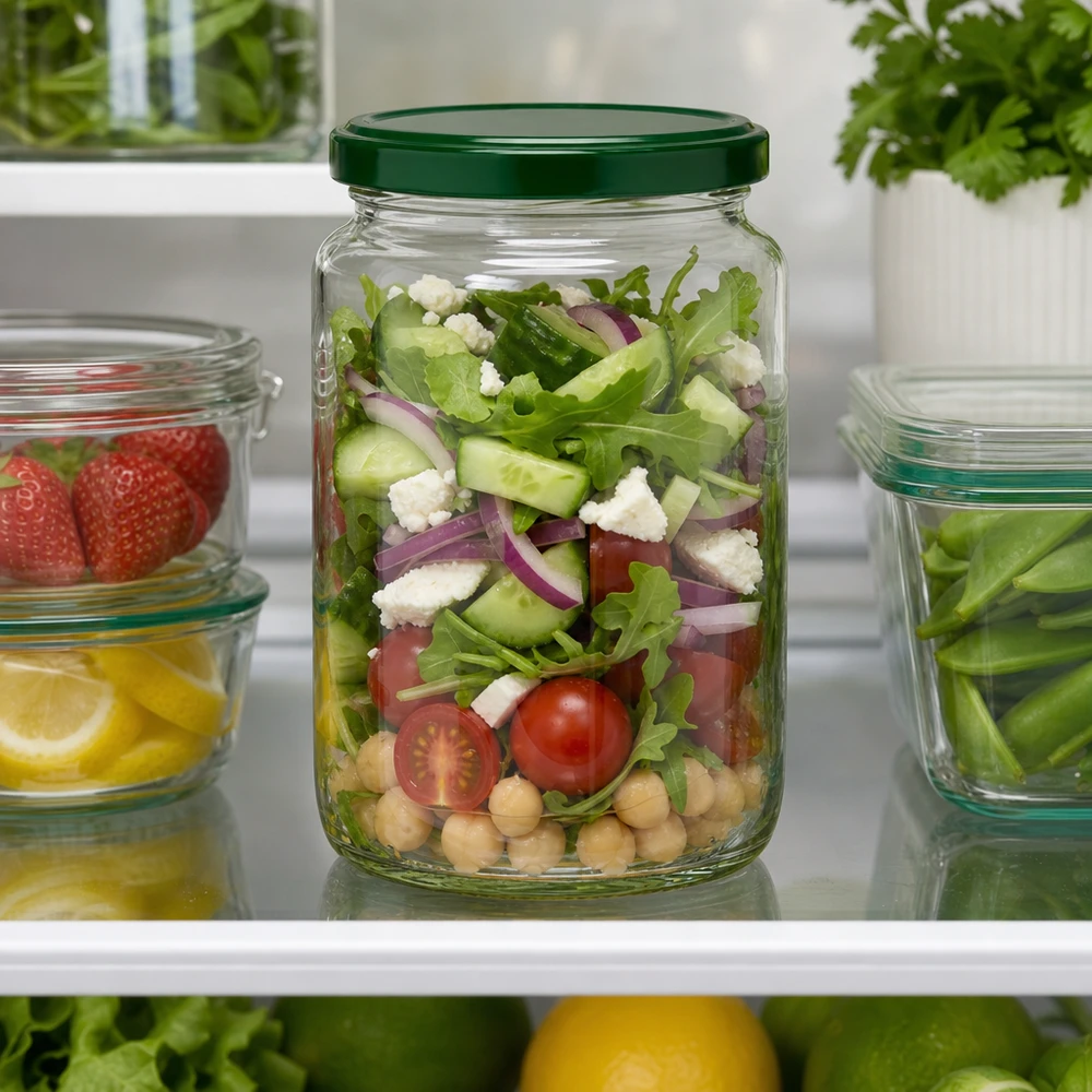 795ml rund burk + BasicSeal-lock grön UNiTWIST 795ml UNiTWIST Rundglas mit grünem Deckel gefüllt mit Salat im Kühlschrank - perfekt für Meal Prep und Vorratshaltung