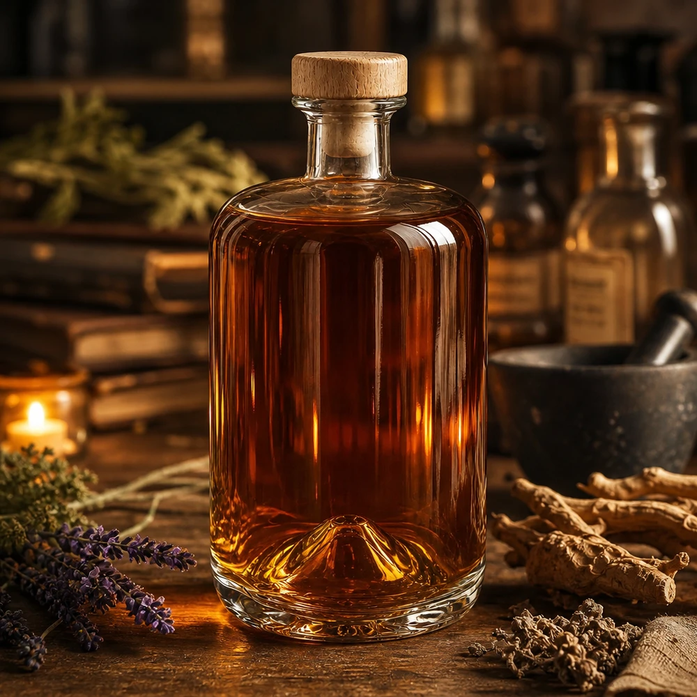 700 ml apoteksflaska Sofia med kork med trähandtag UNiTWIST® Glasflasche Sofia 700ml mit Holzkorken in rustikaler Apotheker-Atmosphäre mit Kräutern und warmem Ambiente