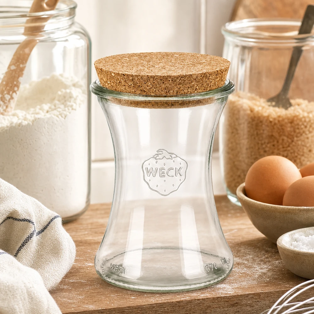 370ml delikatessburk WECK RR80 med kork naturell WECK förvaringsburk 370ml RR80 med korklock i ett rustikt kök mellan mjölburkar, ägg och bakingredienser