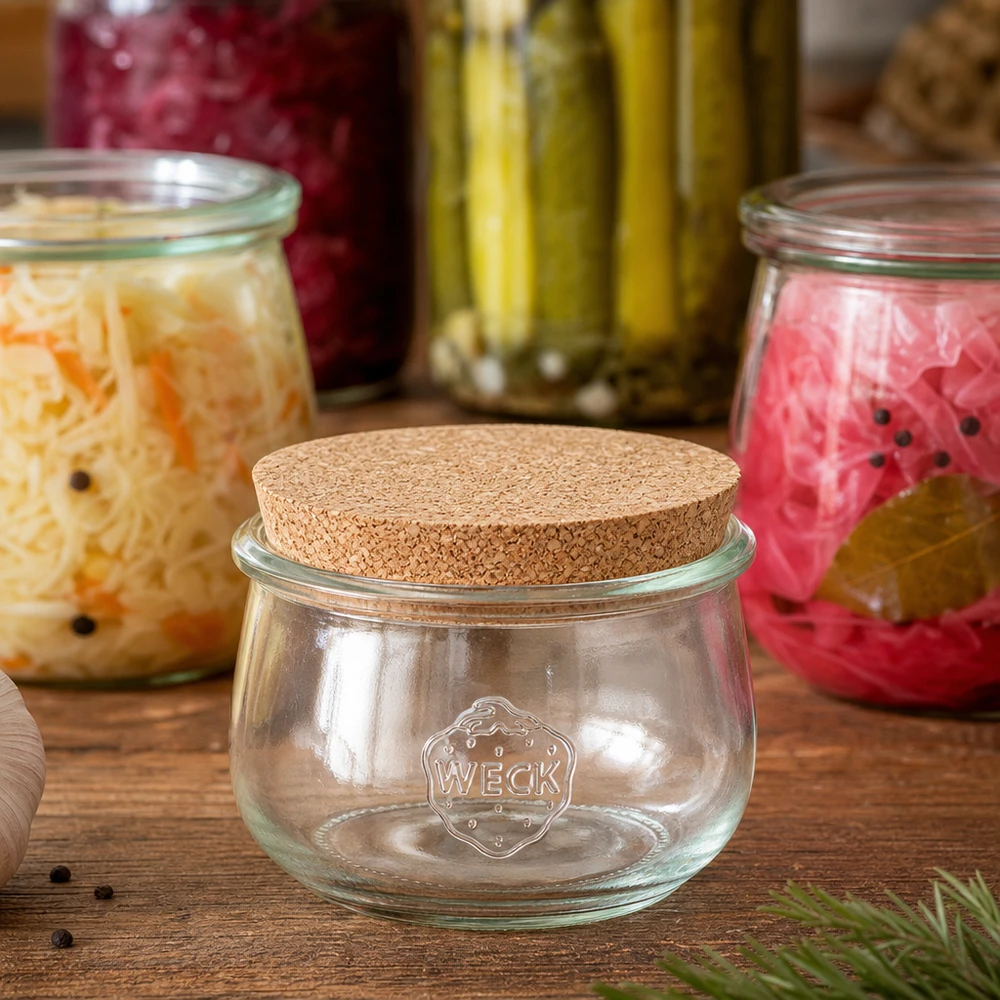 580ml tulpanburk WECK RR100 med kork naturell WECK tulpanburk RR100 580ml med naturkork mellan burkar med fermenterade grönsaker och dekoration av inlagd gurka