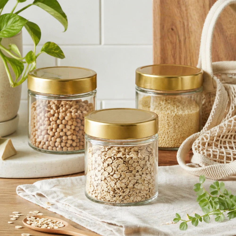 154 ml rund glasburk med lock BasicSeal guld djup UNiTWIST 154ml Rundglas BasicSeal gold Vorratsdosen Set Haferflocken Kichererbsen Quinoa nachhaltige Küchen Aufbewahrung