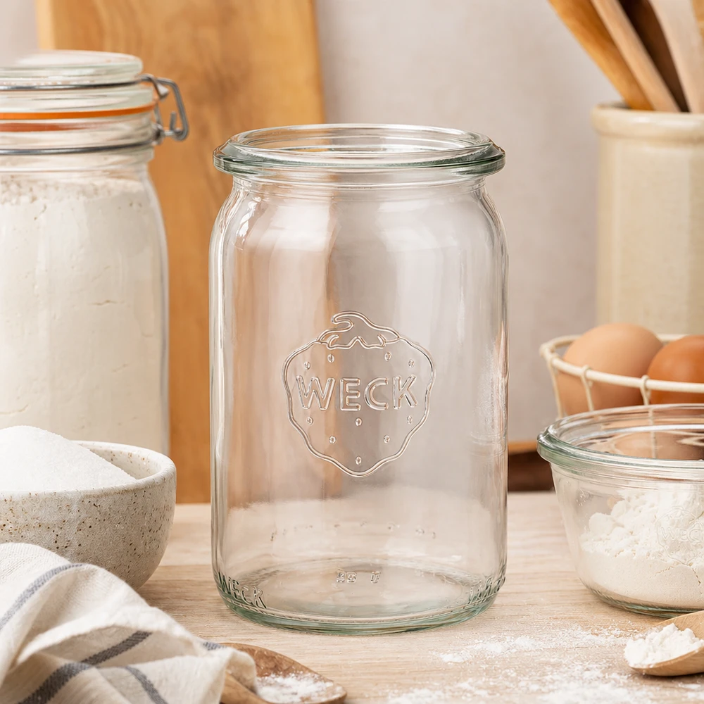 WECK RR40 cylinderburk 145ml atmosfäriskt iscensatt i ett modernt kök mellan förvaringsburkar med mjöl och ägg
