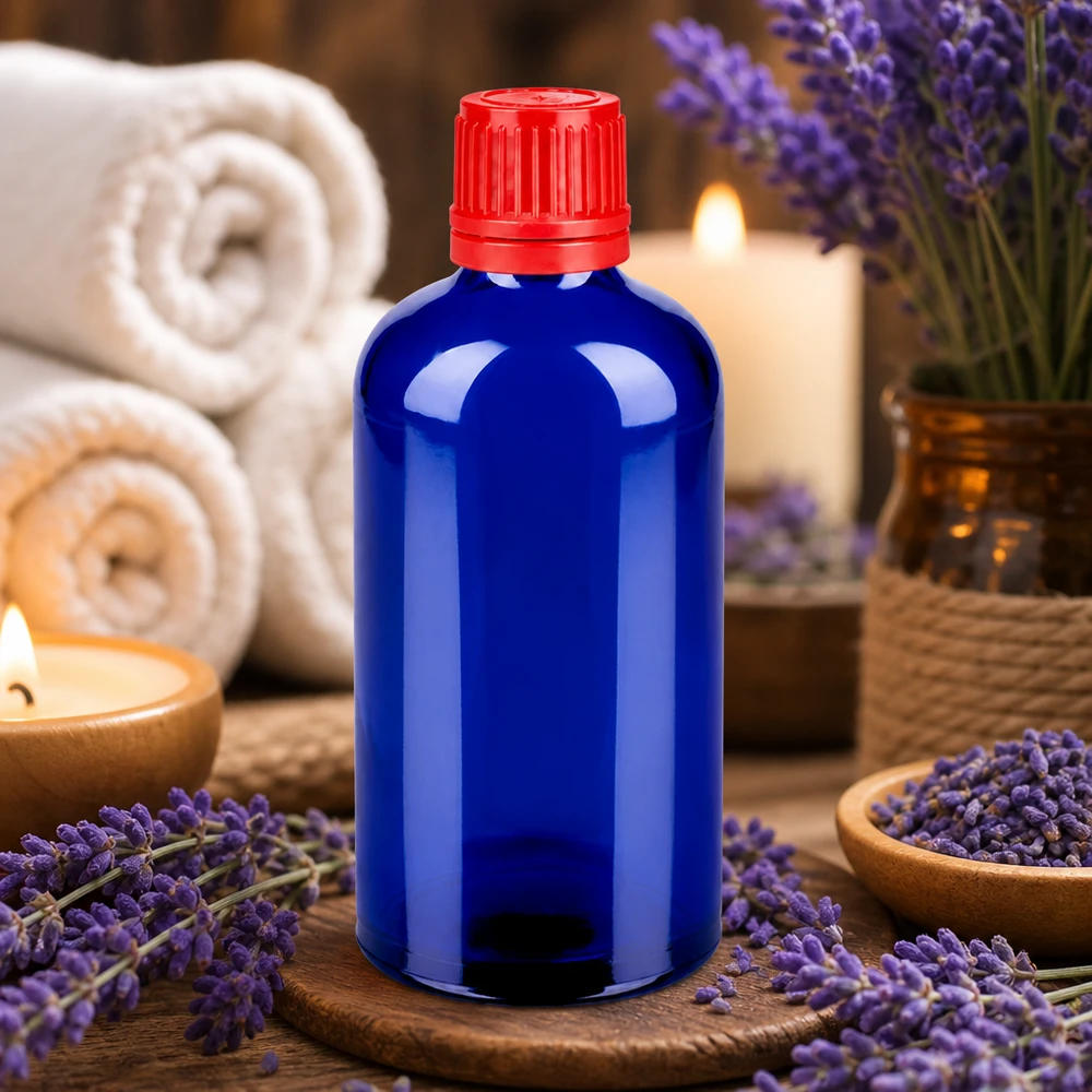 100ml flaska 11mm skruvkork röd säkerhetsförslutning BlueLine UT18/100 100 ml aromaterapiflaska koboltblå med rött lock för eteriska oljor och wellness