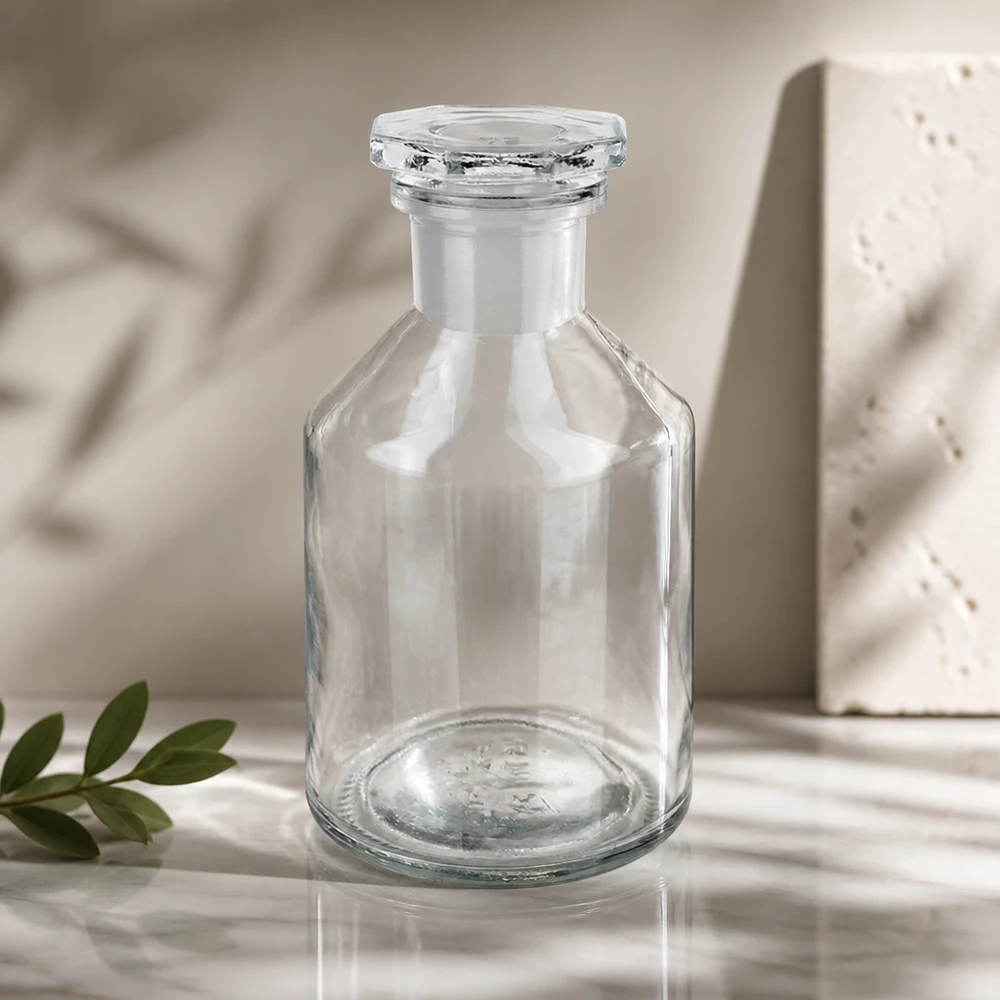 Tom Steilbrust-flaska, 50 ml, med smalt halsrör, tillverkad av transparent glas och försedd med en facetterad glaspropp