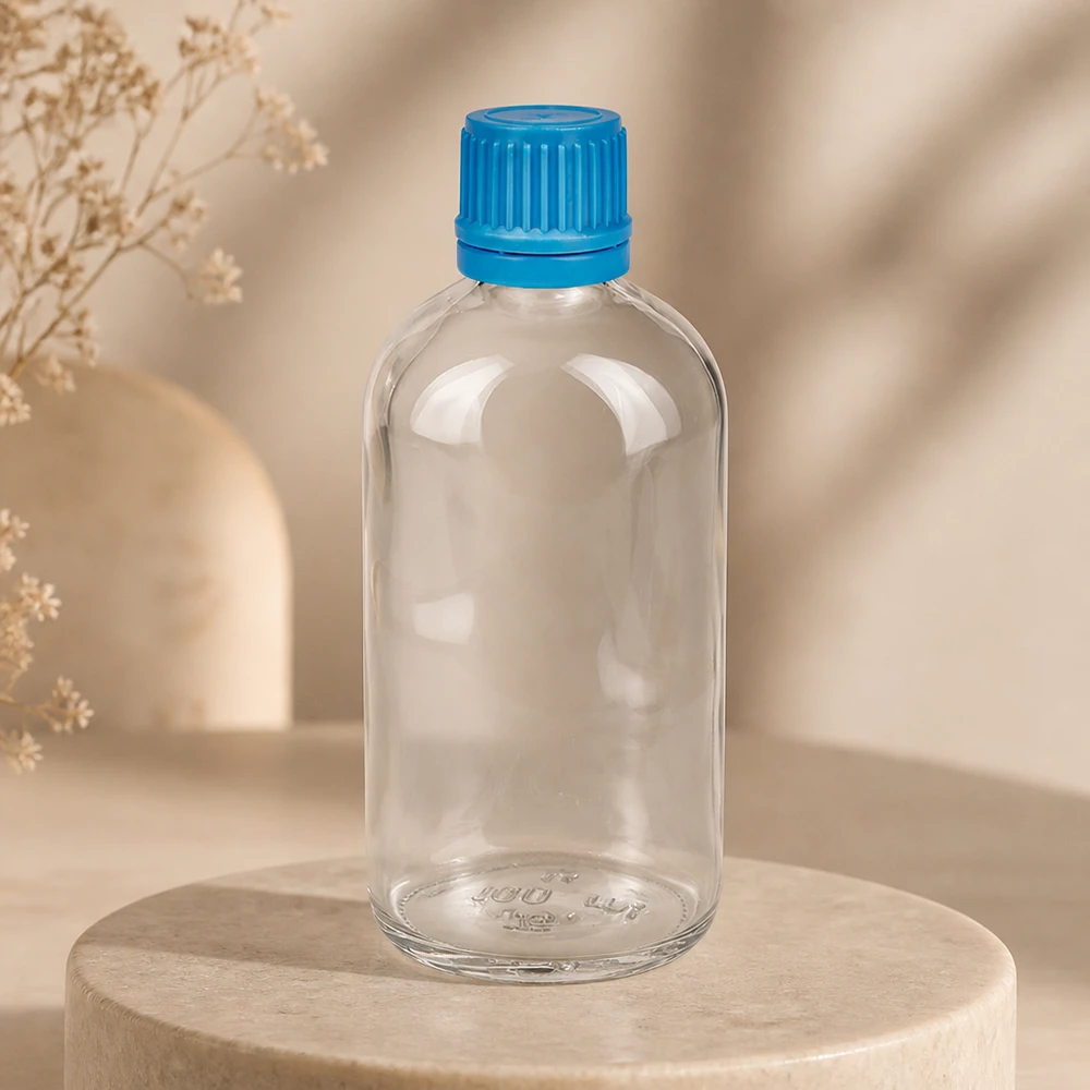 100ml flaska 11mm skruvkork blå med sabotageskydd ClearLine UT18/100 Tom 100 ml apotekarflaska i klart glas med blå, räfflad skruvkork på en stensockel
