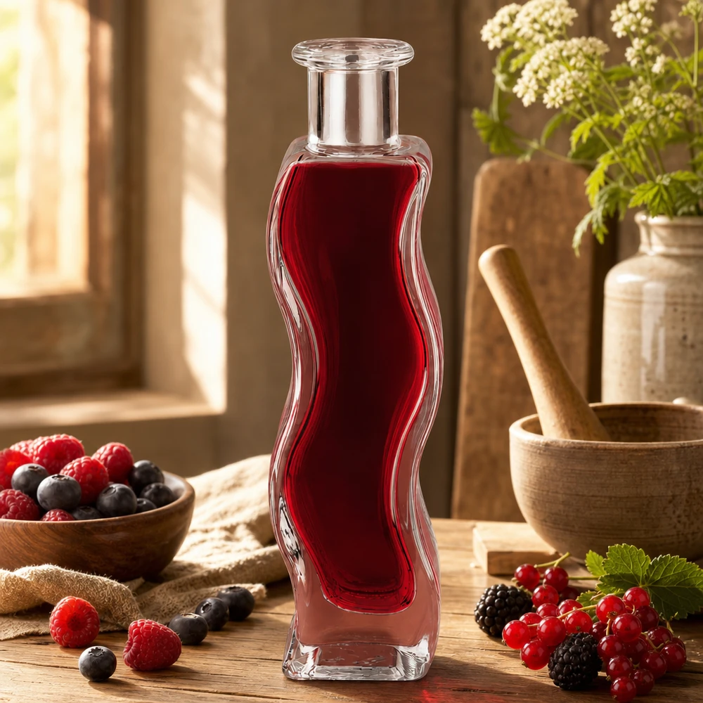 100 ml glasflaska Melissa utan förslutning UNiTWIST® Glasflasche Melissa 100ml mit rotem Beerensaft in natürlicher Küche umgeben von frischen Beeren und Holzschalen