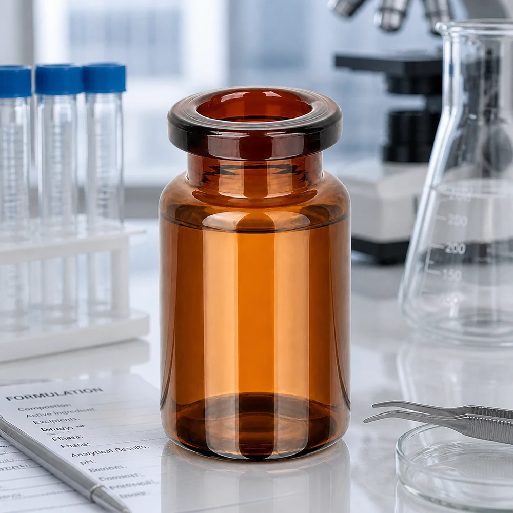 Injektionsflaska brunt glas 5ml Leere Injektionsflasche Braunglas 5ml neben Erlenmeyerkolben und Formulation Sheet
