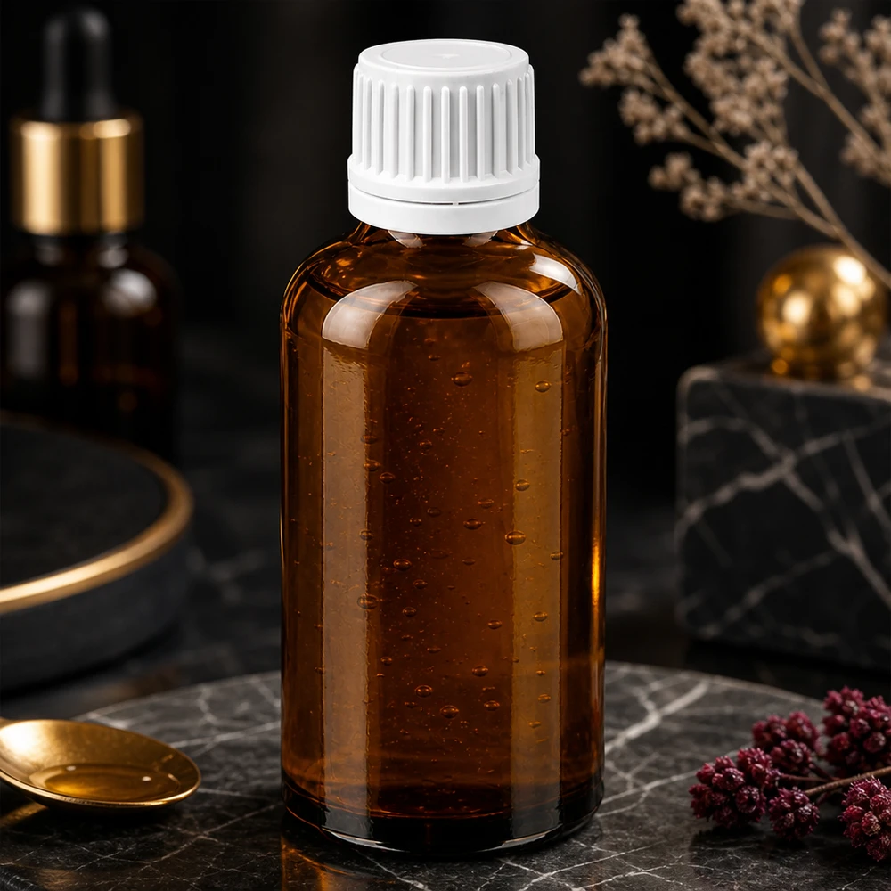 50 ml medicinflaska av UV-skyddande bärnstensfärgat glas med säkert vitt lock för apoteksprodukter
