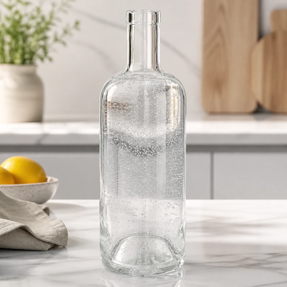 750 ml glasflaska Emma utan lock UNiTWIST® 750 ml glasflaska Emma tom i vitt kök på marmorskiva med citron och kökshandduk som dekoration