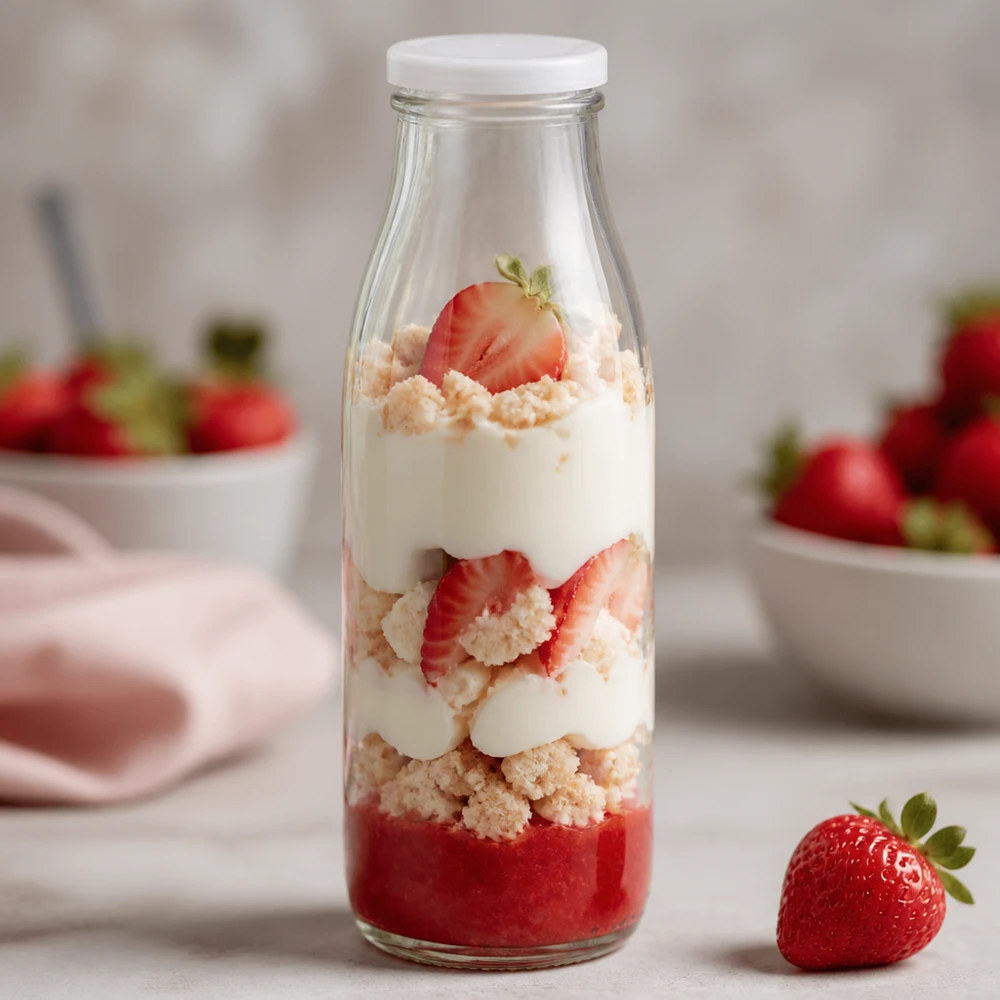 500 ml glasflaska + BasicSeal-lock vit UNiTWIST 500 ml glasflaska med vitt BasicSeal-lock som dessertburk fylld med jordgubbar, grädde och strössel