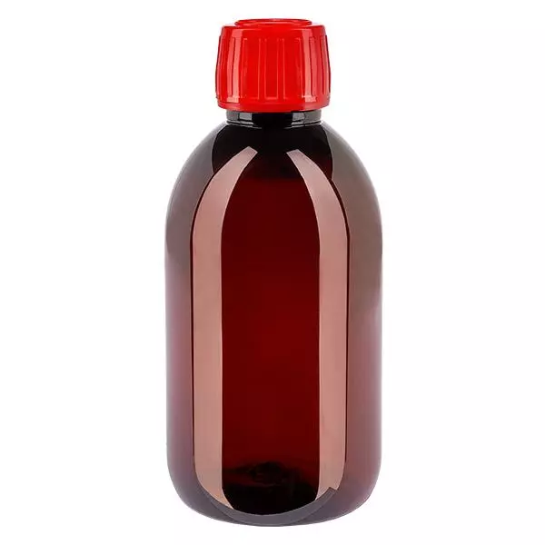 PET-flaska 250 ml med rött kapsyl som inte kan manipuleras PET-flaska 250 ml med rött kapsyl som inte kan manipuleras