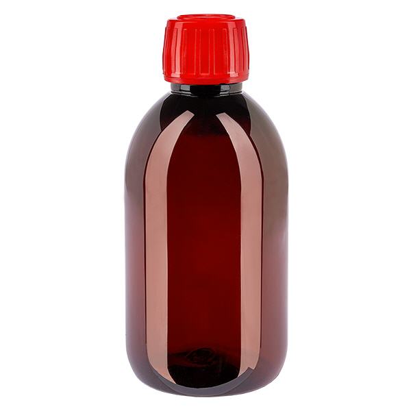 PET-flaska 250 ml med rött kapsyl som inte kan manipuleras PET-flaska 250 ml med rött kapsyl som inte kan manipuleras