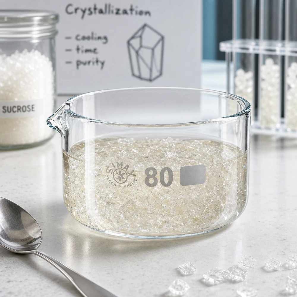 150ml kristalliseringsskål med pip borosilikat ø80mm Kristallisationsskål 150 ml vid kristallisationsförsök med sackaros och vita sockerkristaller, ø80 mm