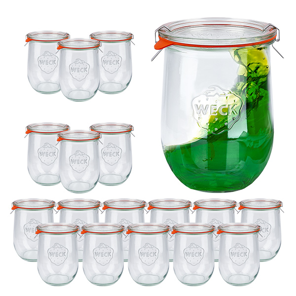 Set med 18 Weck-burkar 1062ml tulpanburkar, 1-liters Krossade glasögon