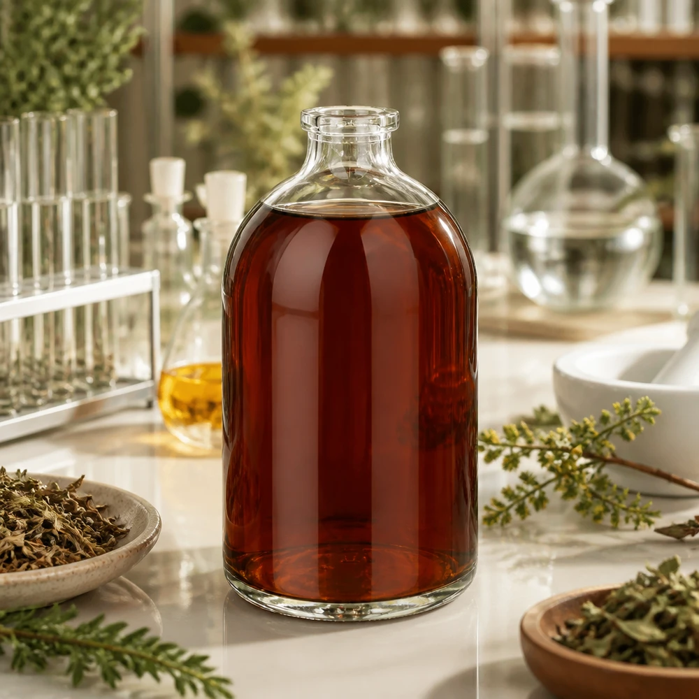 Injektionsflaska klarglas 100ml Kleine Klarglas Injektionsflasche 100ml mit dunklem Kräuterauszug zwischen Reagenzgläsern und Schalen