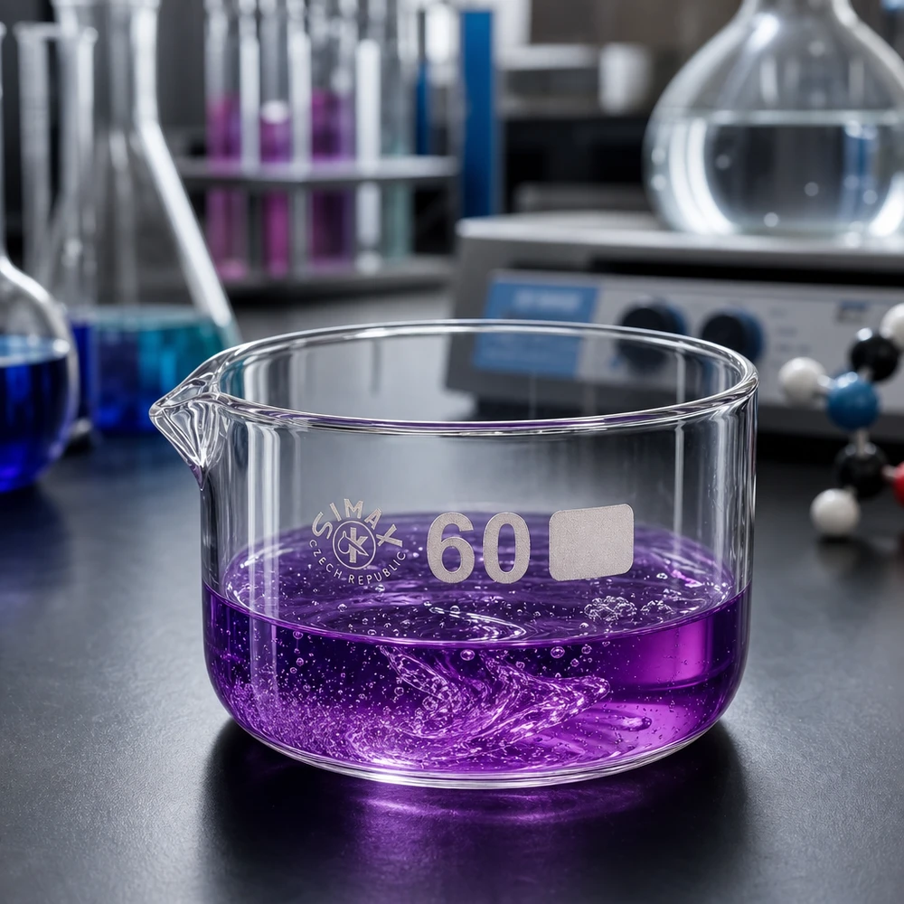 60ml kristalliseringsskål med pip av borosilikat ø60mm Kristallisationsskål 60 ml, violett lösning, kokande, laboratorieexperiment, borosilikatglas, platt, cylindrisk