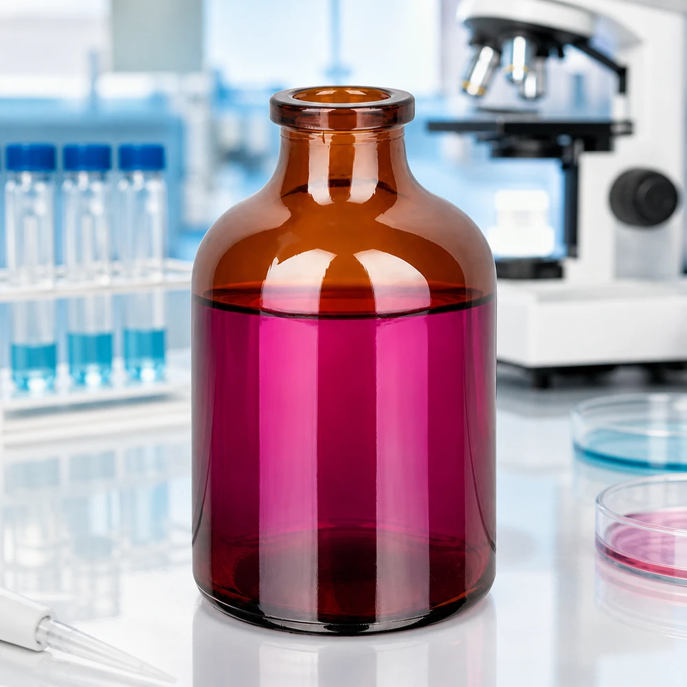 Injektionsflaska av bärnstensfärgat glas 50ml Braunglas Injektionsflasche 50ml mit breitem Zylinderkörper und eingezogenem Hals im Labor