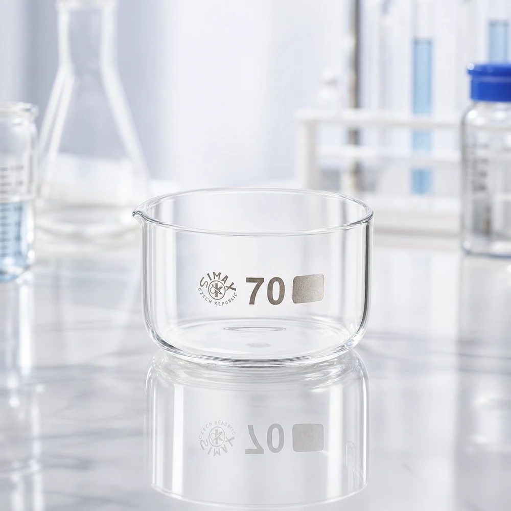 100ml kristalliseringsskål utan pip borosilikat ø70mm Genomskinlig glasskål 100 ml Simax kristalliseringsskål, platt utformning, bottendiameter 70 mm